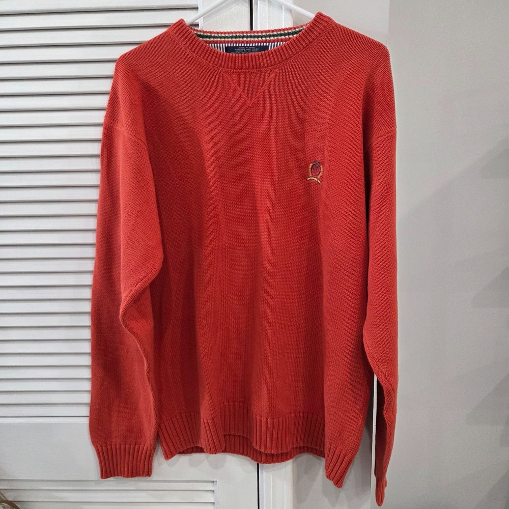 VTG Tommy Hilfiger Sweater Mens L Orange Logo Heavy Knit Crewneck Sweatshirt 90s